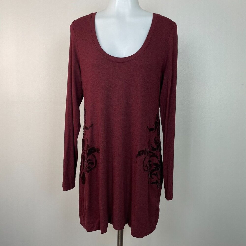 Soft Surroundings‎ Tunic Top Medium Burgundy Velvet Long Sleeve Stretch Shirt